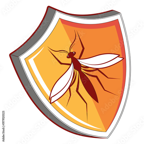 Stylized mosquito on shield vector graphic, sharp lines with insect on a protective emblem, pest control and defense concept art, white wings.