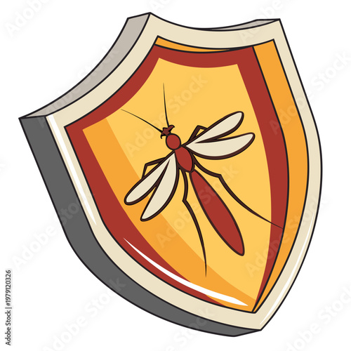 Mosquito on shield vector illustration with red and yellow tones, insect on protective emblem, pest control symbol, parasite defense concept art.