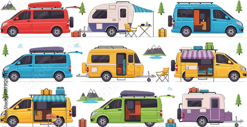 Camper Van and Caravan Vehicles Collection with Travel Vans Outdoor Camping Adventure Road Trip Lifestyle Flat Vector Illustration Set