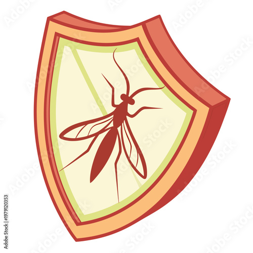Red protective shield icon with mosquito silhouette vector illustration for pest control services and health safety campaigns on white background.
