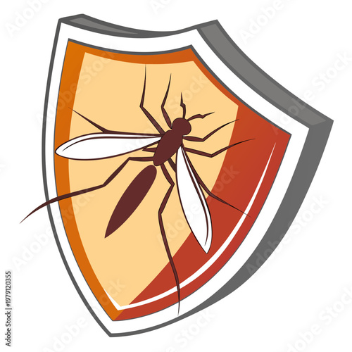 Mosquito protection shield vector illustration with orange background and flying insect symbol for medical and health safety marketing advertisement.