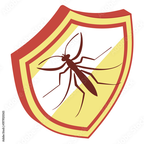 Isometric medical shield with mosquito silhouette representing protection against malaria and zika virus infections in flat vector illustration style.