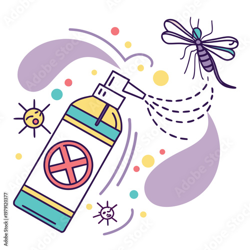 Insecticide spray bottle illustration with mosquito and repellent mist cartoon vector graphic for pest control and health protection advertisement.