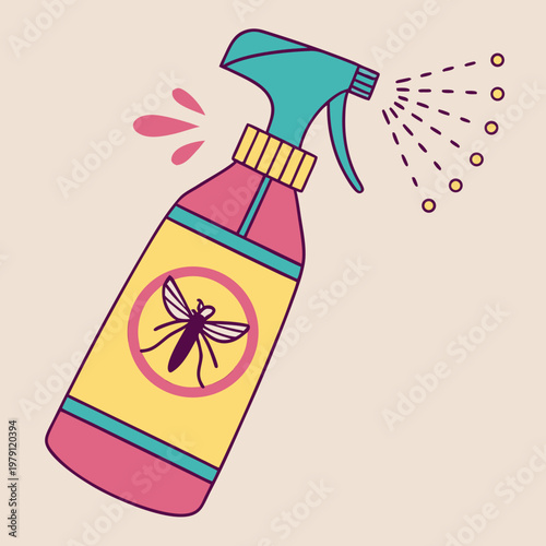 Mosquito repellent spray bottle with prohibition sign spraying liquid with yellow dots and pink background for insect control and outdoor protection against pests.