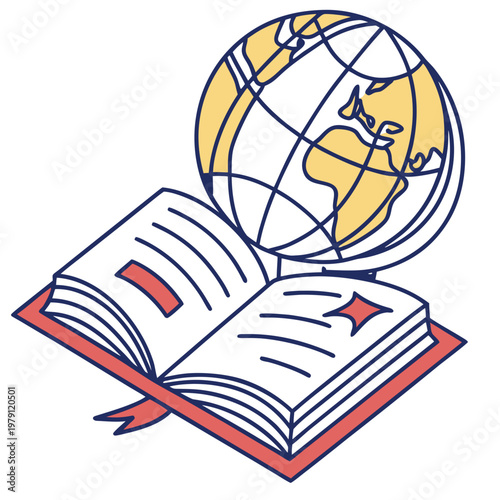 Stylized open book with red cover and bookmark paired with a yellow globe icon for themes of geography lessons and international travel literature.