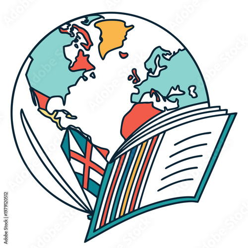 Vector artwork of world map globe behind an open book with flag details and colorful pages representing global communication and language learning.