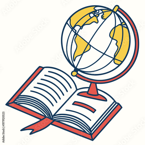 Illustration of vintage globe stand with open book featuring red bookmark and blue outline set on white background for educational design projects.