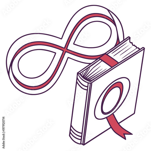 Infinite loop symbol floating above closed hardcover book with red ribbon bookmark in isometric line art style for continuous learning theme design.
