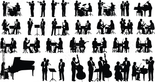 Silhouettes of diverse jazz and classical musicians performing with instruments including trumpet, saxophone, trombone, drums, piano, guitar, double bass