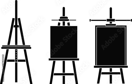 artist easel set silhouette, painting stand collection, blank canvas display icons, art studio equipment illustration, creative tools vector bundle