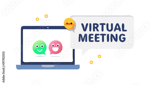 Cute cartoon illustration of a virtual meeting featuring a laptop and happy chat bubble icons