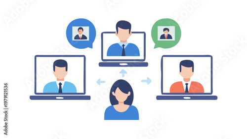 Team of professionals collaborating remotely through a virtual video conference on laptops.