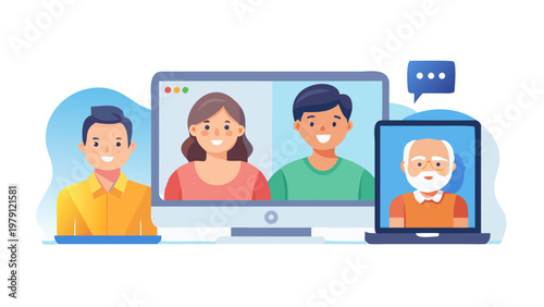Family members of different generations connecting through a virtual video call conference