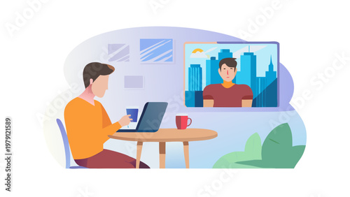 Man sitting at a desk using a laptop for a remote video call with a colleague in a modern setting