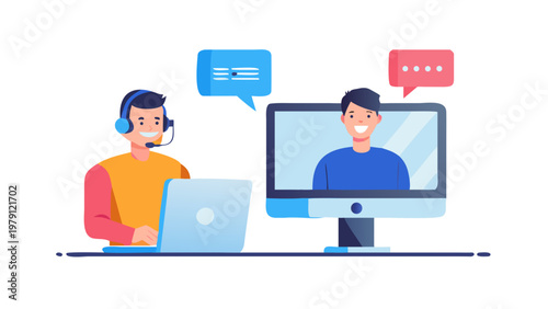 Two men engaged in a video call, one wearing a headset and using a laptop, the other on a monitor