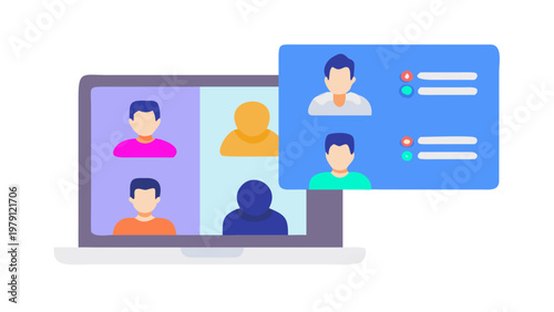 Illustration of a video conference call with participants on a laptop screen and a separate contact list