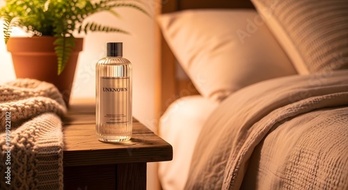 Cozy Bedroom Scene with Reed Diffuser and Plant