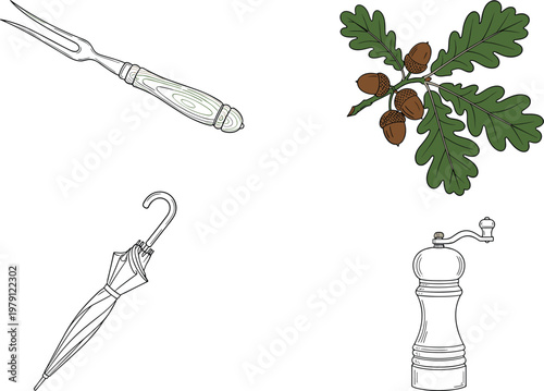 Vintage fork, umbrella, pepper grinder, oak leaves and acorns illustration, hand drawn objects, minimal background, household items, botanical elements composition