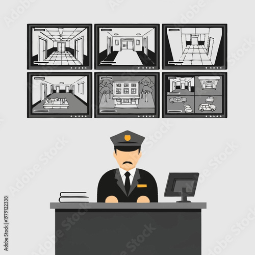 Security guard monitoring CCTV screens at desk.