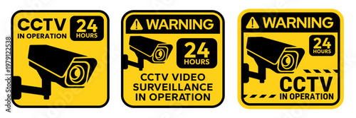 Security Camera or cctv sign, logo, badge, icon, sticker, label, emblem, symbol, black, line, flat vector, isolated illustration. 24 hour. Security Camera cctv for street, home and building concept.