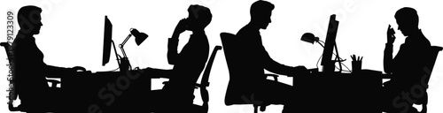 Black and white office silhouette of people working at computers with desk lamps, modern workplace, technology, communication, vector illustration design