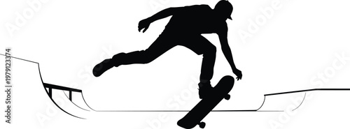 Dynamic silhouette of skateboarder performing aerial trick above skatepark half‑pipe ramp, showcasing extreme sports energy, balance, motion, and skill.