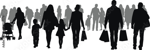 Dynamic silhouettes of diverse people walking in public shopping street with families, children, strollers, and shopping bags illustration