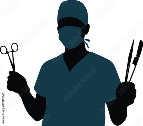 Silhouette surgeon holding scalpel and forceps in surgical attire with mask and cap, medical professional prepared for operating room illustration