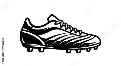 A simple black and white illustration of a soccer cleat with laces and studs.