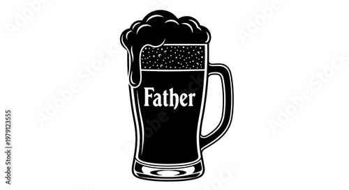 A black and white image of a beer mug with the word father on it.