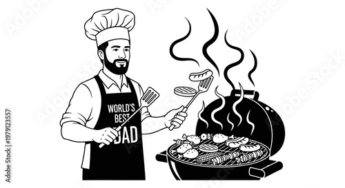 A cartoon chef grilling on a barbecue with a confident expression