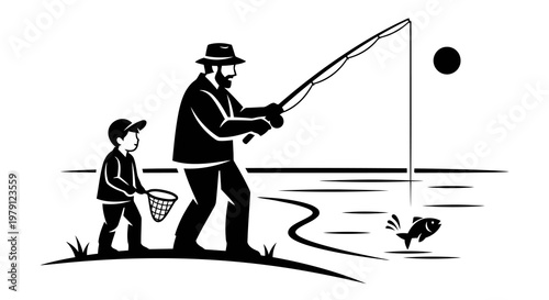 A man and a young boy enjoying a fishing trip together on a serene lake.