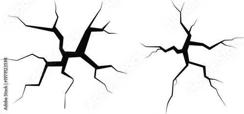 Two black graphic cracks on a white background fissure fracture