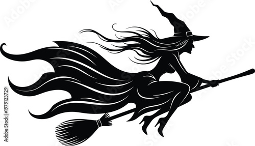 A striking black silhouette depicts a witch in flight dynamically posed on her broomstick high quality professional detailed modern elegant stylish