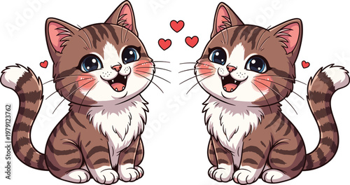 Two cartoon tabby kittens with blue eyes and pink cheeks surrounded by red hearts