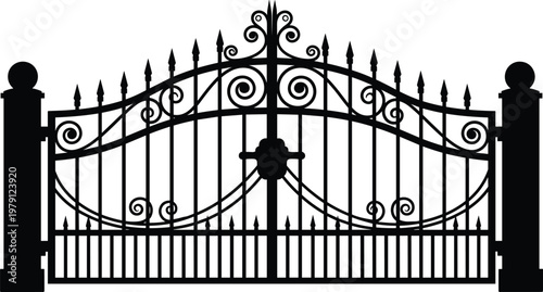 An ornate black iron gate stands prominently featuring decorative swirls and pointed finials high quality professional detailed modern elegant stylish clean