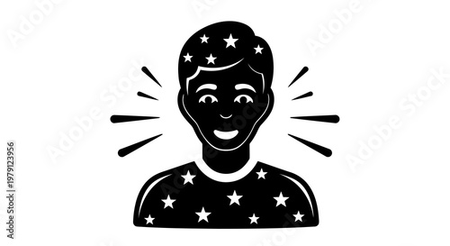 A person with a starry shirt and a beaming smile is radiating happiness and positivity.