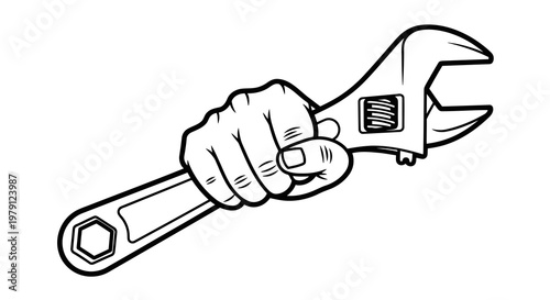 A hand holding an adjustable wrench in a simple black and white illustration.