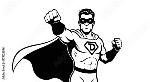 A black and white illustration of a superhero with a cape and mask standing triumphantly.