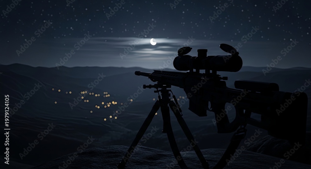 Fototapeta premium Sniper Rifle on Tripod Under Moonlight with Distant City Lights.