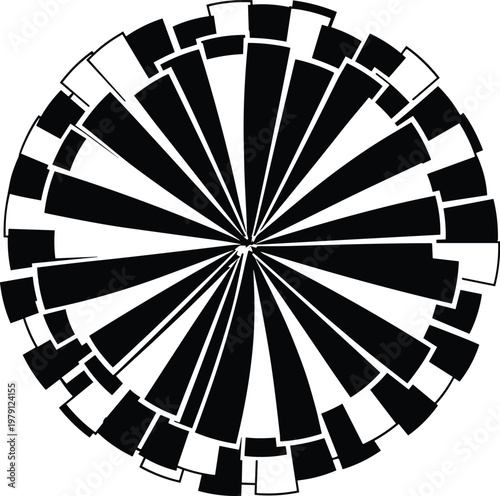 A striking circular design features radiating irregularly shaped black and white blocks creating a dynamic effect high quality professional detailed modern
