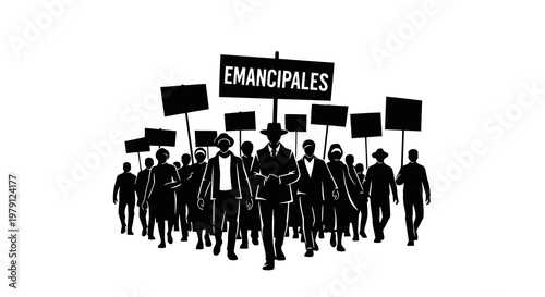 A group of people marching with signs, leading a protest or demonstration.