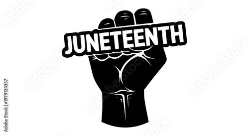 Raised fist graphic with juneteenth text, symbolizing freedom and unity.