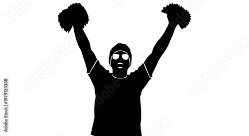 A silhouette of a cheerleader with raised arms and pom-poms against a white background.