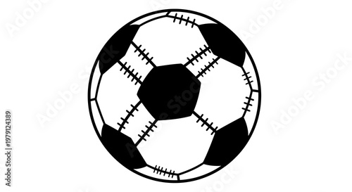A simple black and white illustration of a soccer ball with stitched panels.