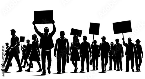 A group of people marching together holding blank signs in protest.