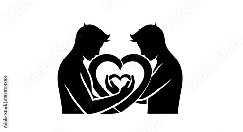 A silhouette of two people forming a heart with their hands together in love