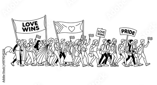 A black and white illustration of people marching in a pride parade with various signs and flags.