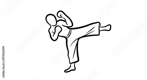 A simple line drawing of a person performing a martial arts kick