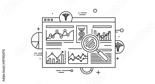 Medical data analysis, healthcare research, scientific charts, DNA, magnifying glass, digital dashboard